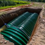 Großer grüner Erdtank für Regenwassernutzung in einer Erdgrube vor der Installation