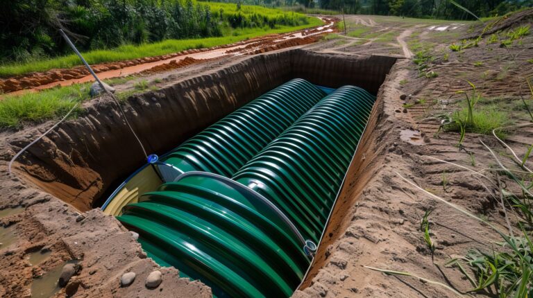 Großer grüner Erdtank für Regenwassernutzung in einer Erdgrube vor der Installation