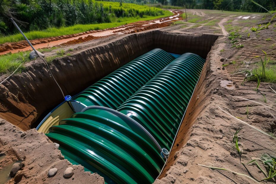 Großer grüner Erdtank für Regenwassernutzung in einer Erdgrube vor der Installation