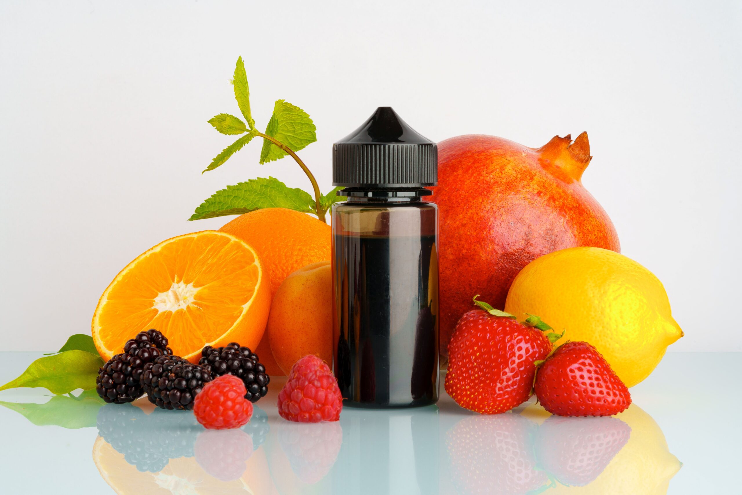 German Flavours Aroma Vielfalt – frische Früchte und Flasche symbolisieren bewussten Genuss und Geschmackstiefe